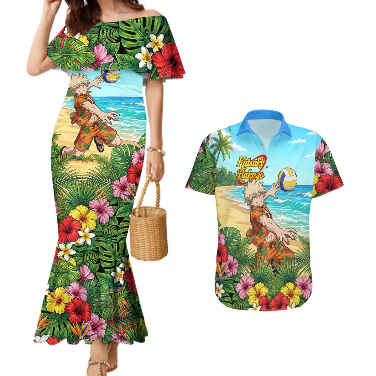 Katsuki Bakugo Summer Chill Couples Matching Mermaid Dress and Hawaiian Shirt Tropical Anime Action Scene