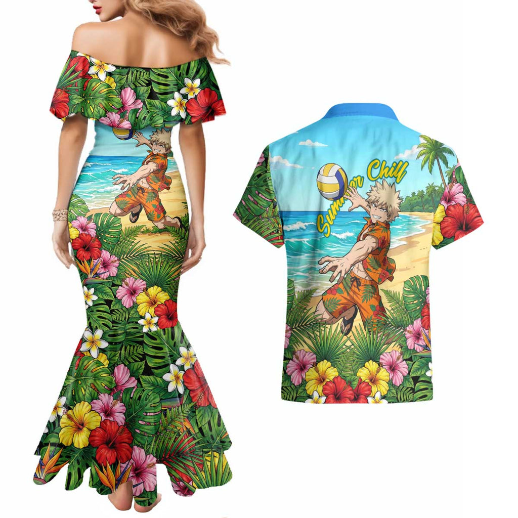 Katsuki Bakugo Summer Chill Couples Matching Mermaid Dress and Hawaiian Shirt Tropical Anime Action Scene