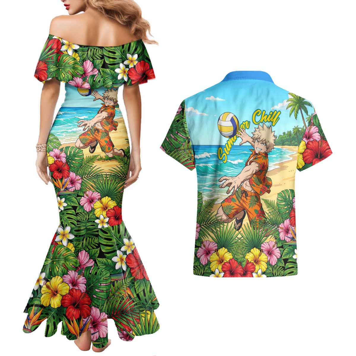 Katsuki Bakugo Summer Chill Couples Matching Mermaid Dress and Hawaiian Shirt Tropical Anime Action Scene