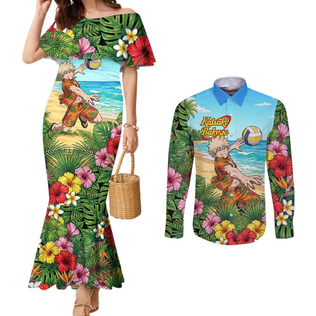 Katsuki Bakugo Summer Chill Couples Matching Mermaid Dress and Long Sleeve Button Shirt Tropical Anime Action Scene