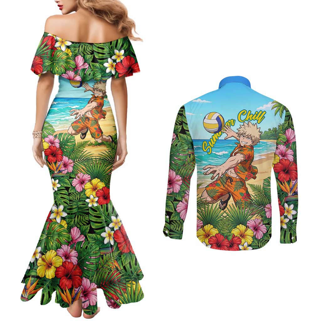Katsuki Bakugo Summer Chill Couples Matching Mermaid Dress and Long Sleeve Button Shirt Tropical Anime Action Scene
