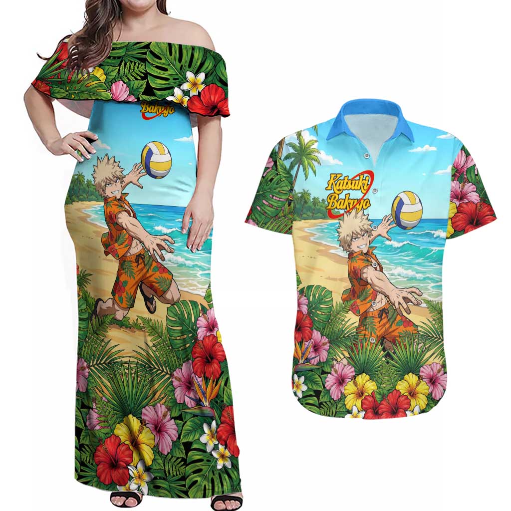 Katsuki Bakugo Summer Chill Couples Matching Off Shoulder Maxi Dress and Hawaiian Shirt Tropical Anime Action Scene