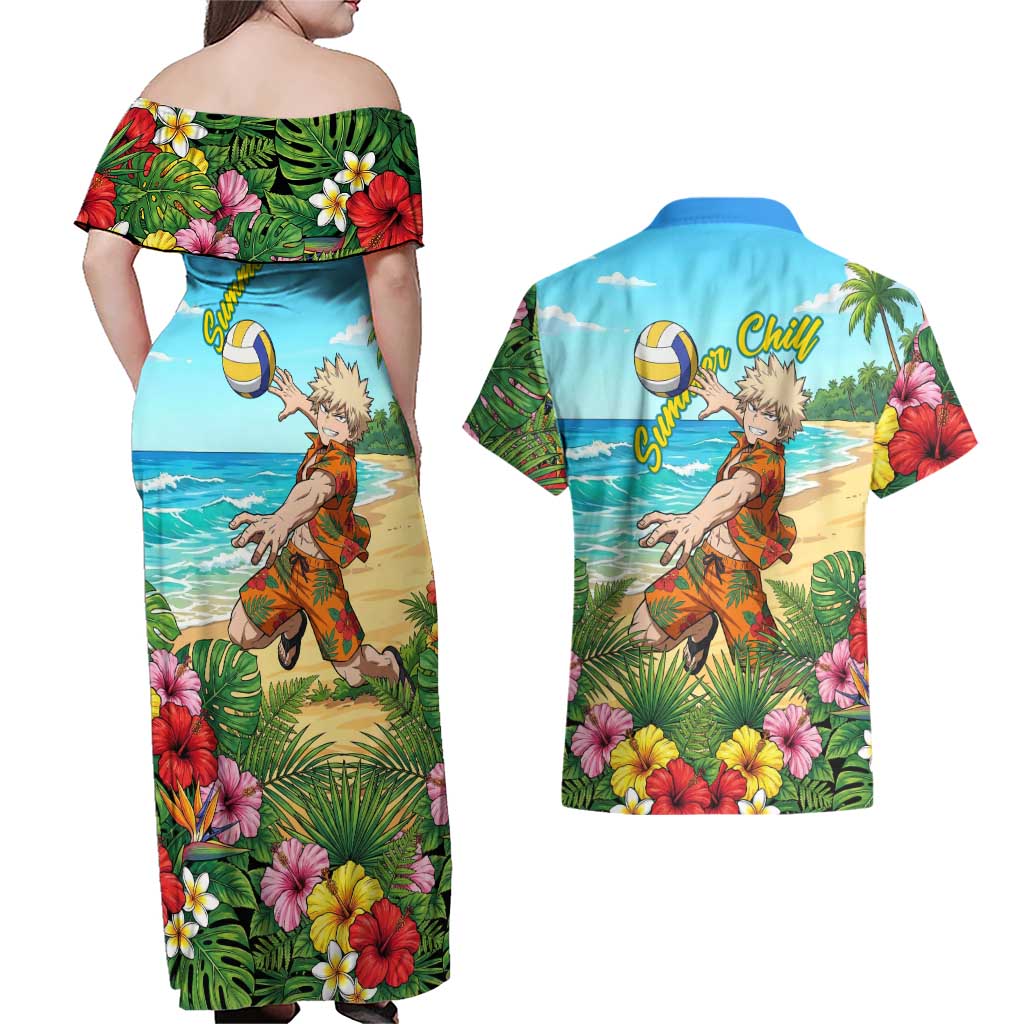 Katsuki Bakugo Summer Chill Couples Matching Off Shoulder Maxi Dress and Hawaiian Shirt Tropical Anime Action Scene