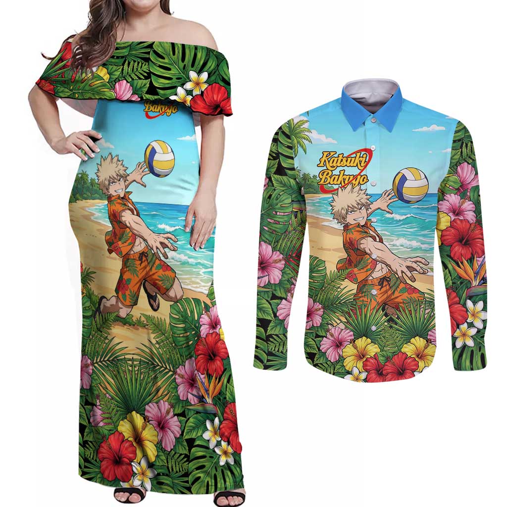 Katsuki Bakugo Summer Chill Couples Matching Off Shoulder Maxi Dress and Long Sleeve Button Shirt Tropical Anime Action Scene