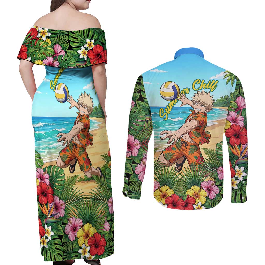 Katsuki Bakugo Summer Chill Couples Matching Off Shoulder Maxi Dress and Long Sleeve Button Shirt Tropical Anime Action Scene