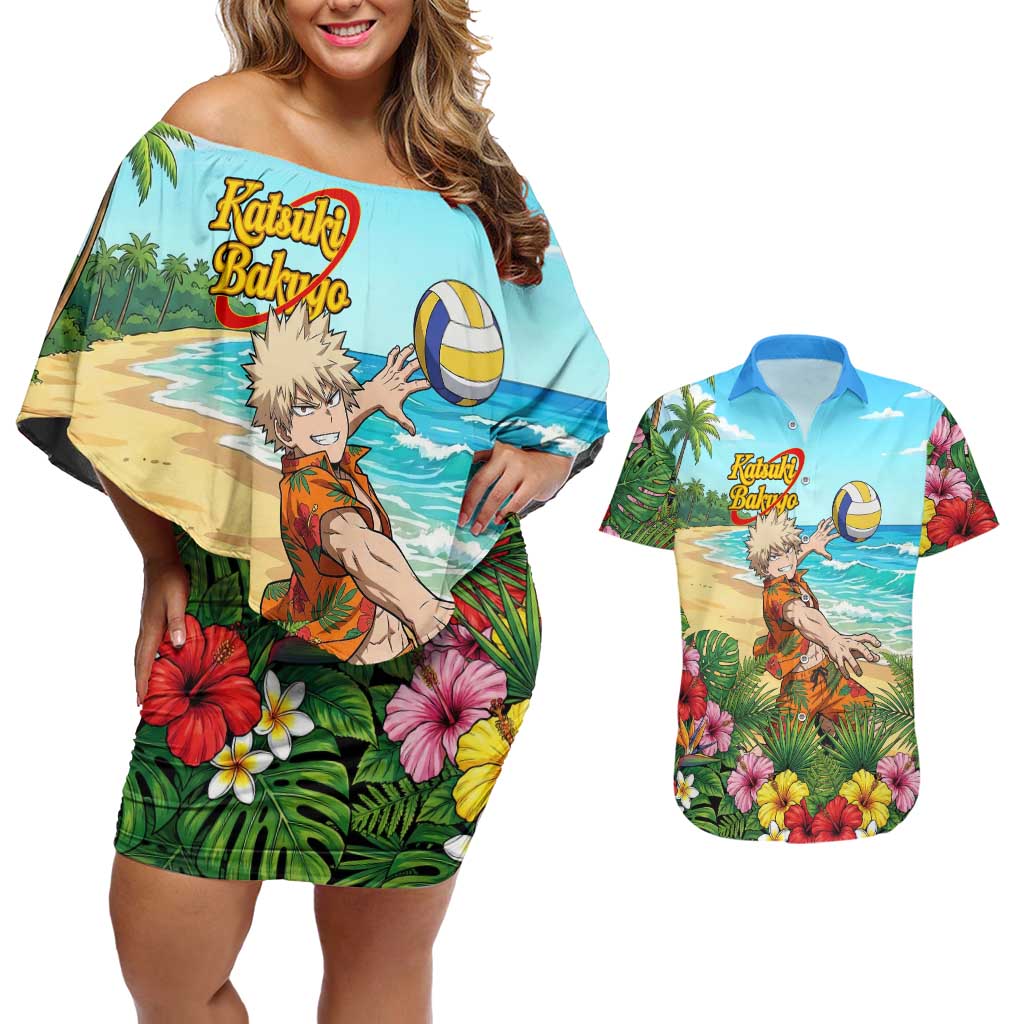 Katsuki Bakugo Summer Chill Couples Matching Off Shoulder Short Dress and Hawaiian Shirt Tropical Anime Action Scene