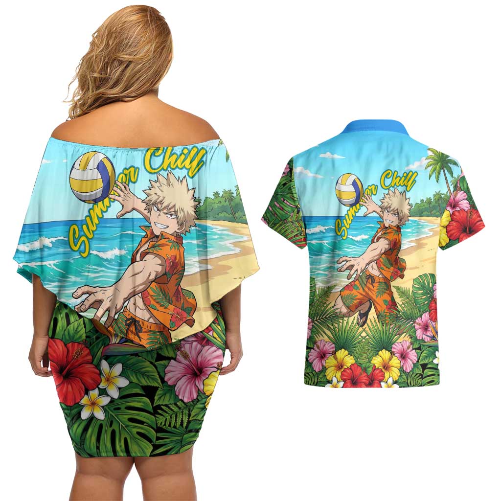 Katsuki Bakugo Summer Chill Couples Matching Off Shoulder Short Dress and Hawaiian Shirt Tropical Anime Action Scene