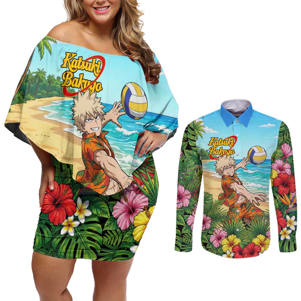 Katsuki Bakugo Summer Chill Couples Matching Off Shoulder Short Dress and Long Sleeve Button Shirt Tropical Anime Action Scene