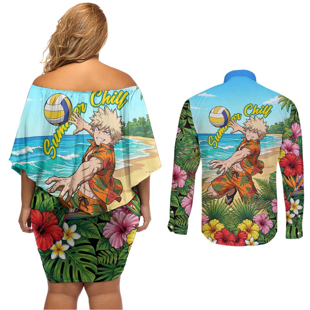 Katsuki Bakugo Summer Chill Couples Matching Off Shoulder Short Dress and Long Sleeve Button Shirt Tropical Anime Action Scene