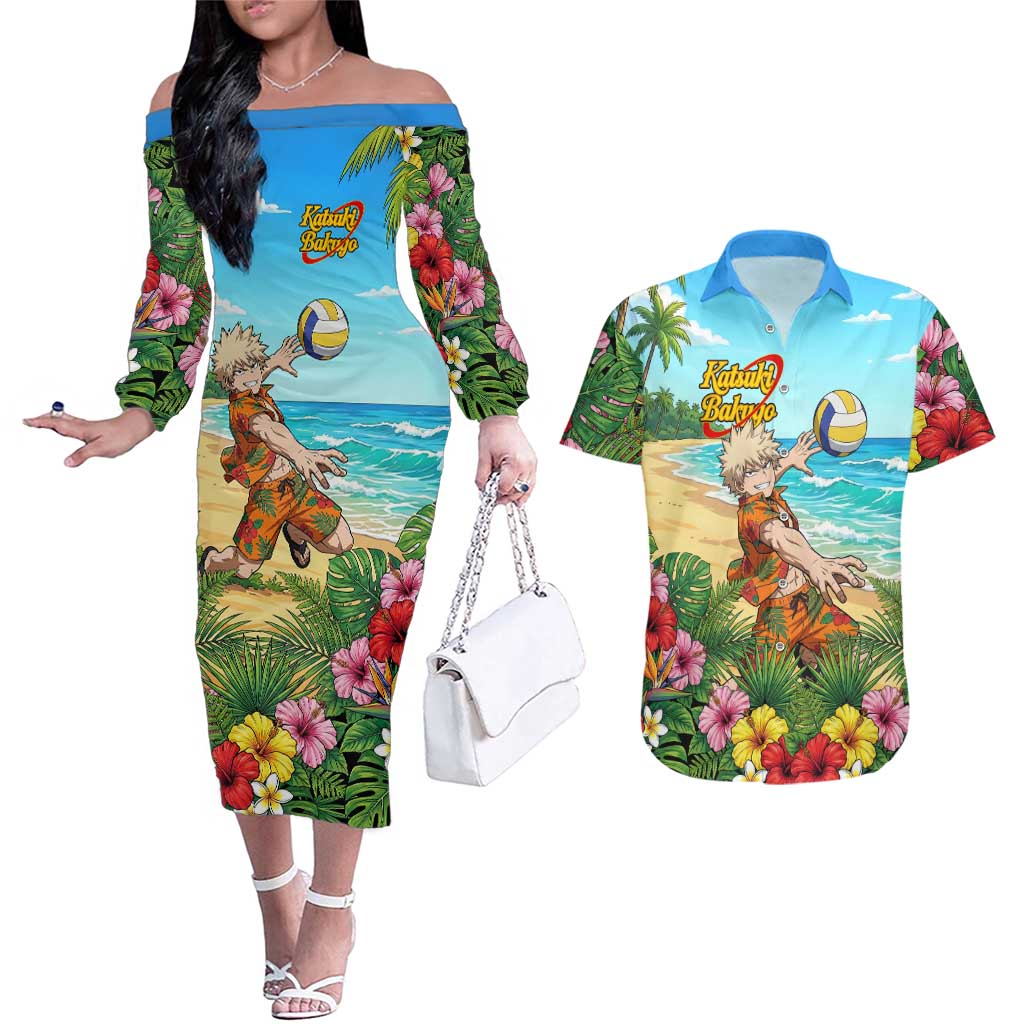 Katsuki Bakugo Summer Chill Couples Matching Off The Shoulder Long Sleeve Dress and Hawaiian Shirt Tropical Anime Action Scene