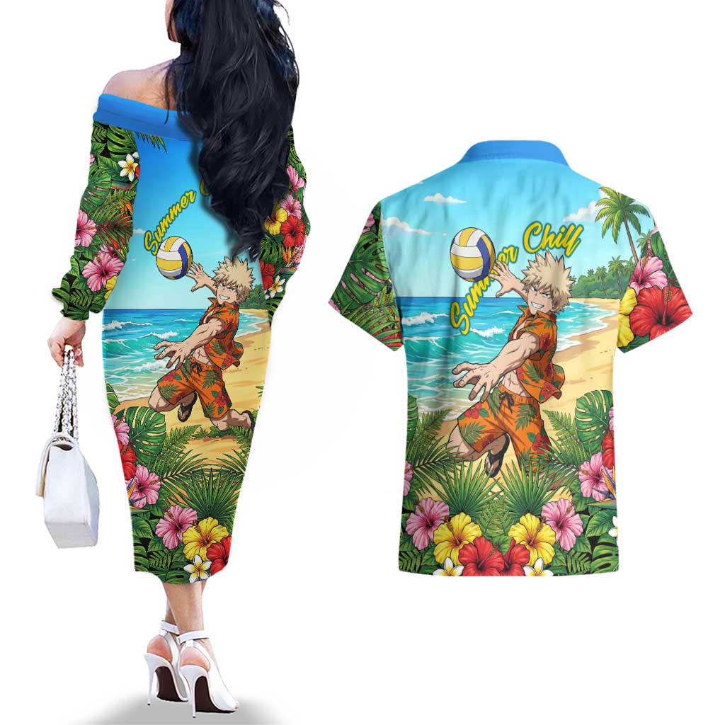 Katsuki Bakugo Summer Chill Couples Matching Off The Shoulder Long Sleeve Dress and Hawaiian Shirt Tropical Anime Action Scene