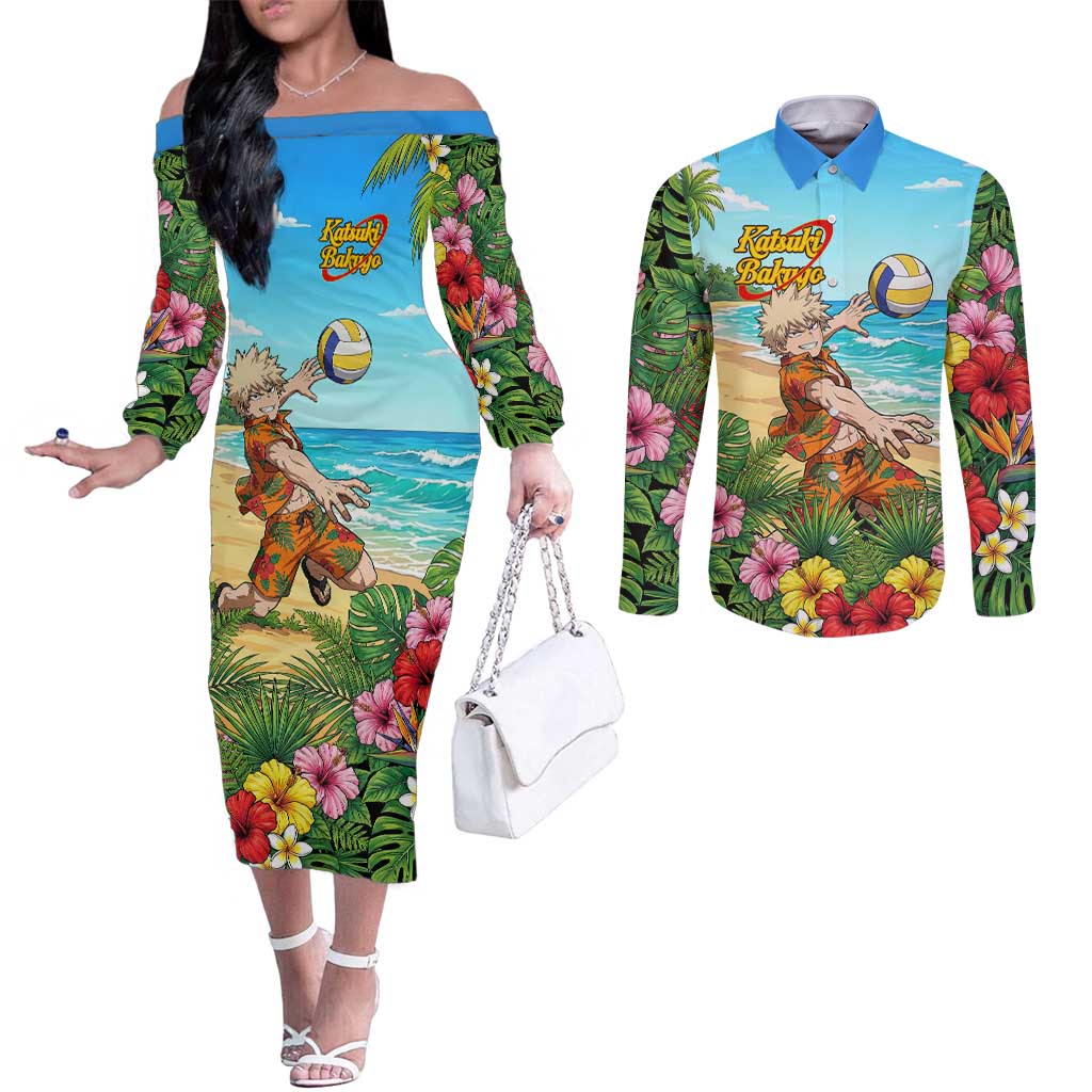 Katsuki Bakugo Summer Chill Couples Matching Off The Shoulder Long Sleeve Dress and Long Sleeve Button Shirt Tropical Anime Action Scene