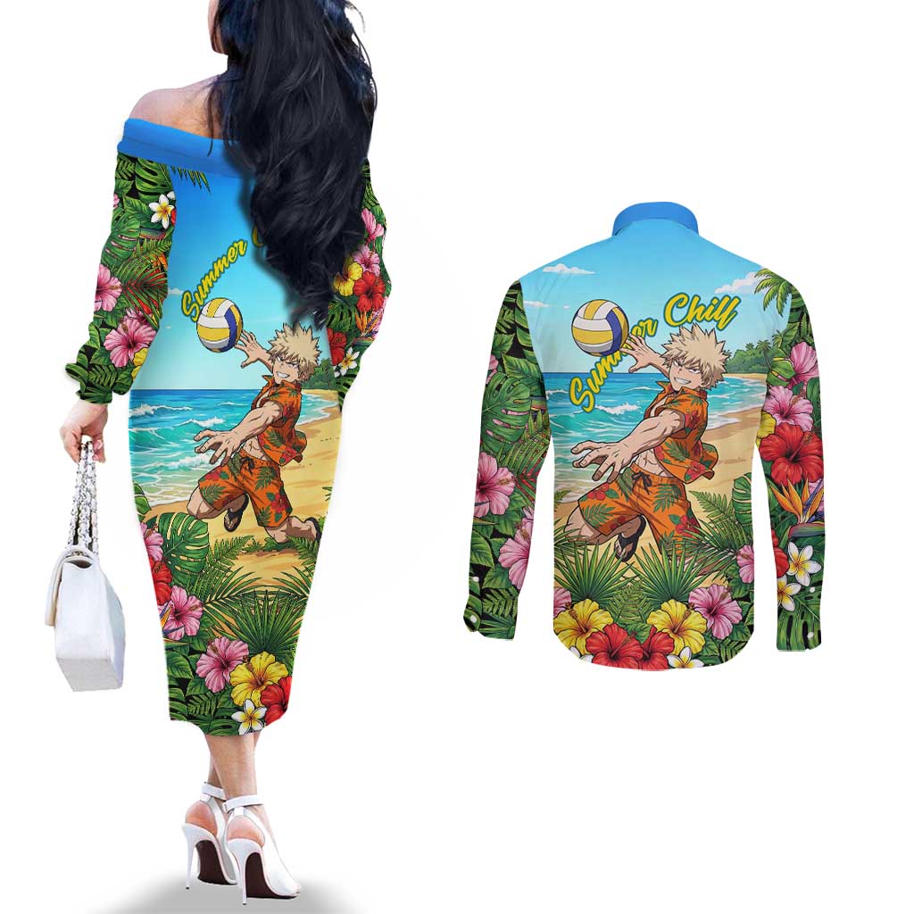 Katsuki Bakugo Summer Chill Couples Matching Off The Shoulder Long Sleeve Dress and Long Sleeve Button Shirt Tropical Anime Action Scene