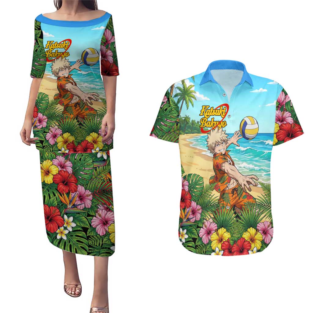 Katsuki Bakugo Summer Chill Couples Matching Puletasi and Hawaiian Shirt Tropical Anime Action Scene
