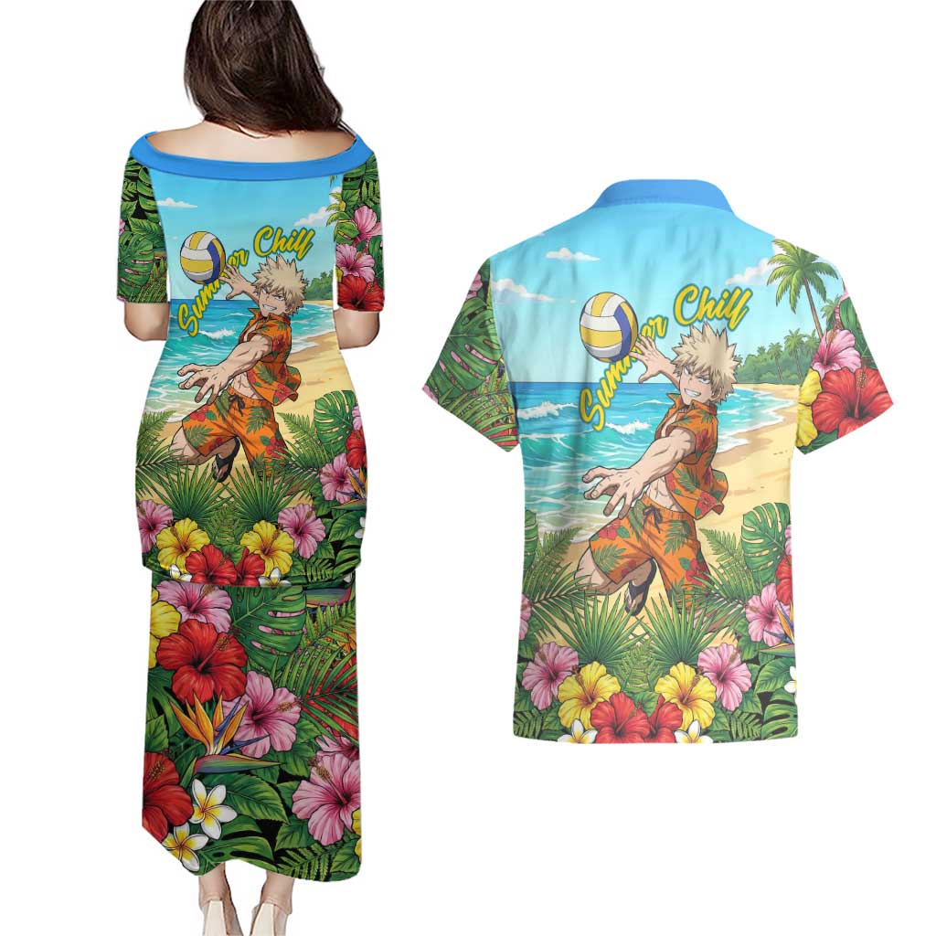 Katsuki Bakugo Summer Chill Couples Matching Puletasi and Hawaiian Shirt Tropical Anime Action Scene