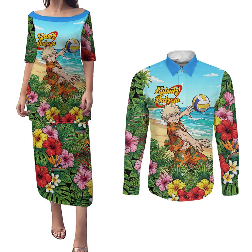 Katsuki Bakugo Summer Chill Couples Matching Puletasi and Long Sleeve Button Shirt Tropical Anime Action Scene