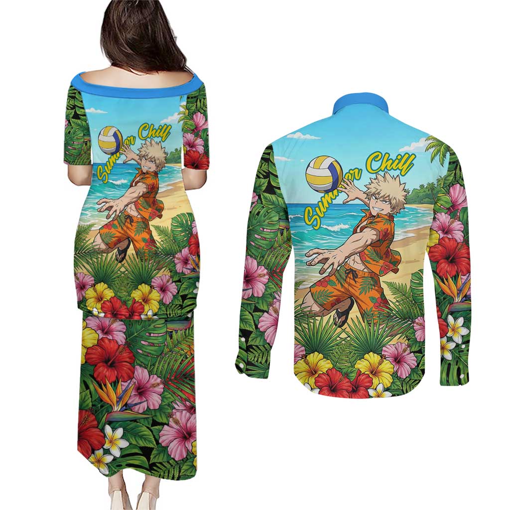 Katsuki Bakugo Summer Chill Couples Matching Puletasi and Long Sleeve Button Shirt Tropical Anime Action Scene