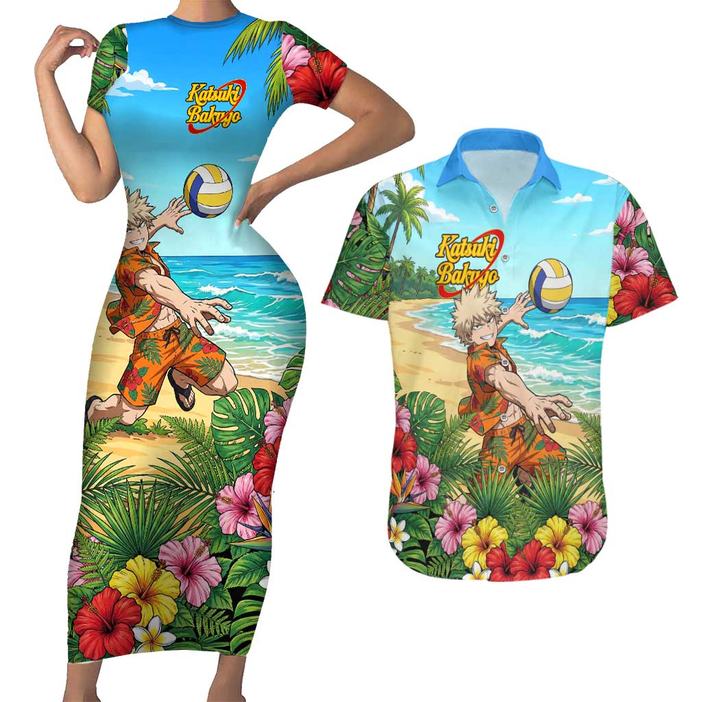 Katsuki Bakugo Summer Chill Couples Matching Short Sleeve Bodycon Dress and Hawaiian Shirt Tropical Anime Action Scene