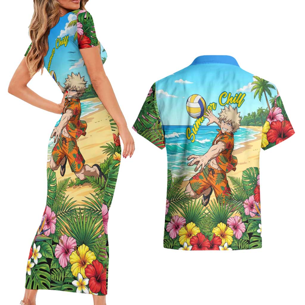 Katsuki Bakugo Summer Chill Couples Matching Short Sleeve Bodycon Dress and Hawaiian Shirt Tropical Anime Action Scene