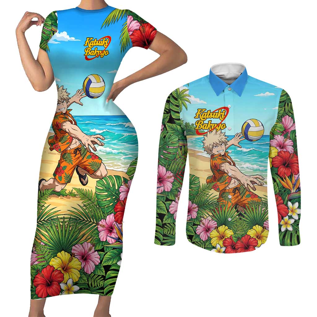 Katsuki Bakugo Summer Chill Couples Matching Short Sleeve Bodycon Dress and Long Sleeve Button Shirt Tropical Anime Action Scene
