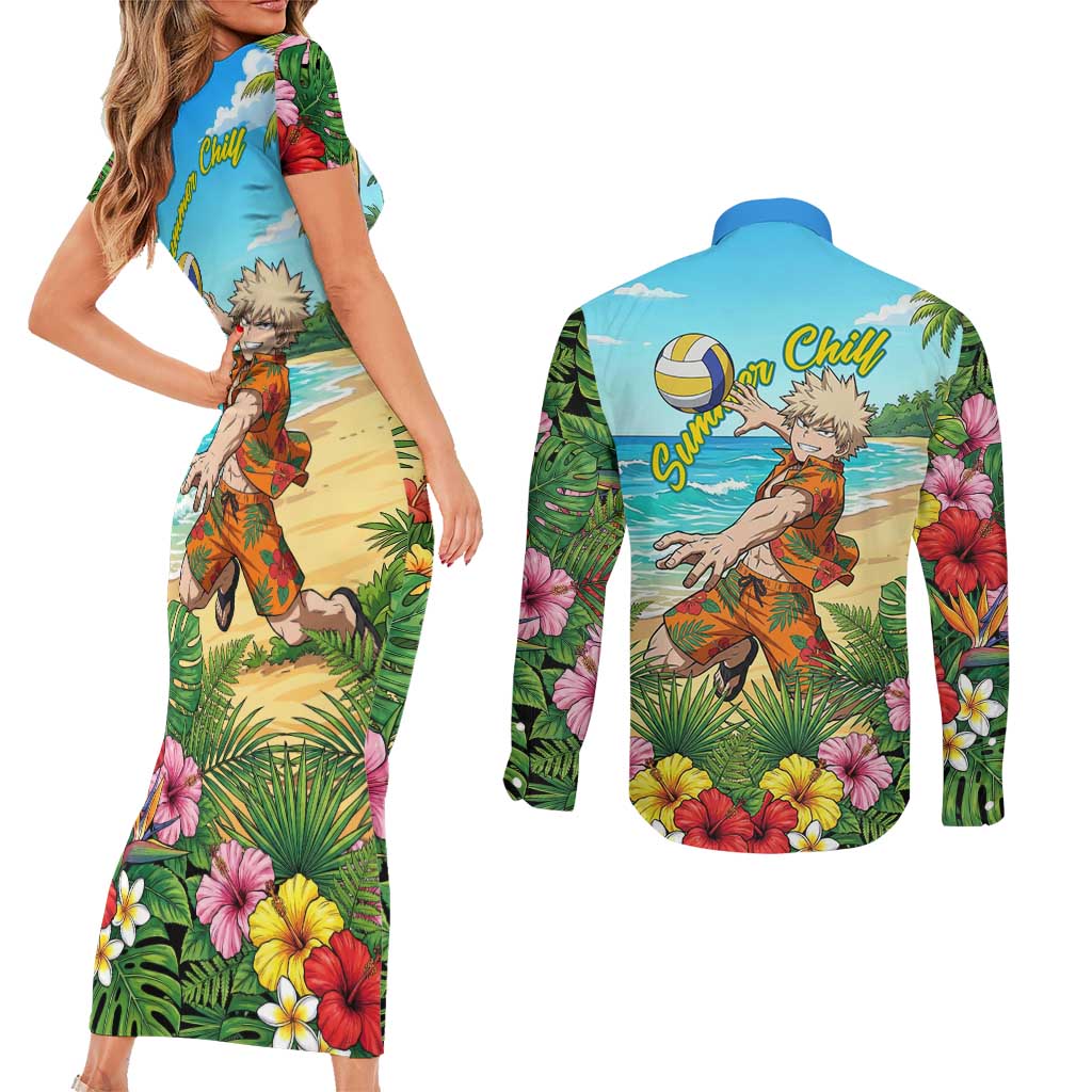 Katsuki Bakugo Summer Chill Couples Matching Short Sleeve Bodycon Dress and Long Sleeve Button Shirt Tropical Anime Action Scene