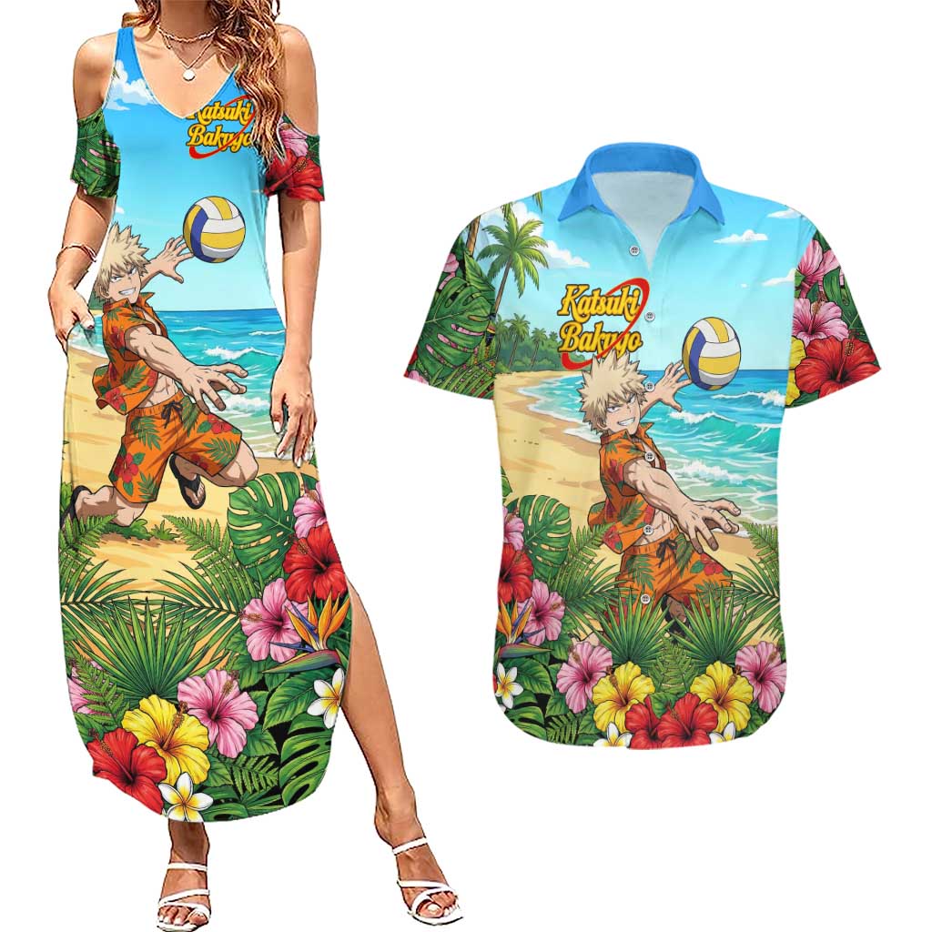 Katsuki Bakugo Summer Chill Couples Matching Summer Maxi Dress and Hawaiian Shirt Tropical Anime Action Scene