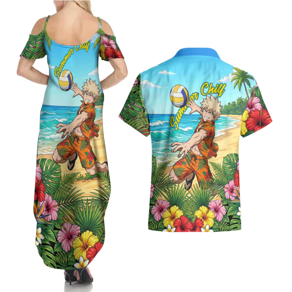 Katsuki Bakugo Summer Chill Couples Matching Summer Maxi Dress and Hawaiian Shirt Tropical Anime Action Scene