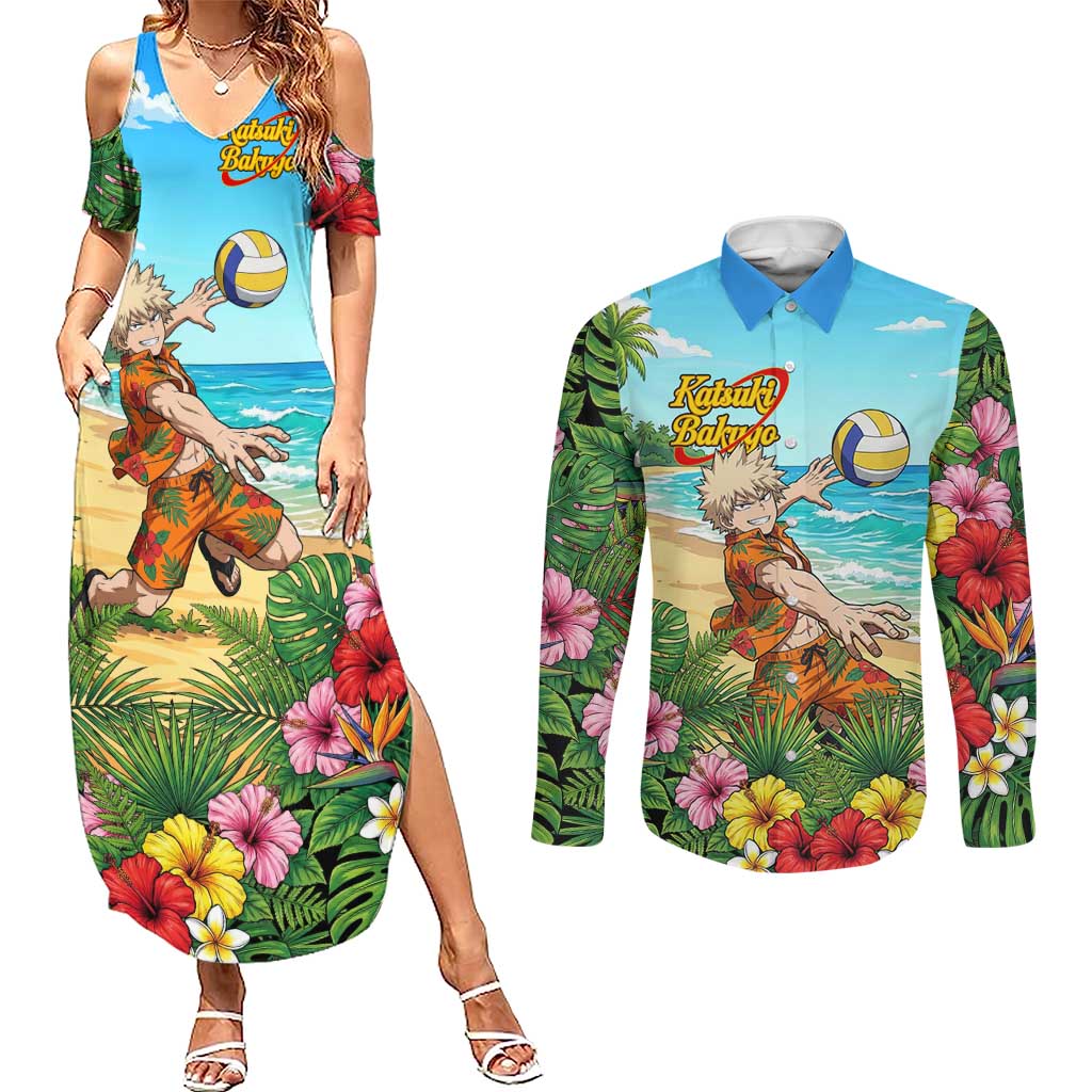 Katsuki Bakugo Summer Chill Couples Matching Summer Maxi Dress and Long Sleeve Button Shirt Tropical Anime Action Scene