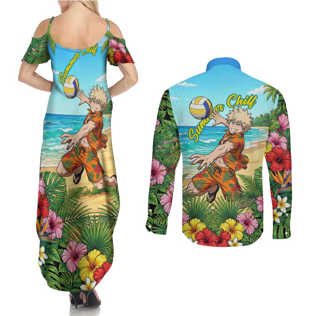 Katsuki Bakugo Summer Chill Couples Matching Summer Maxi Dress and Long Sleeve Button Shirt Tropical Anime Action Scene