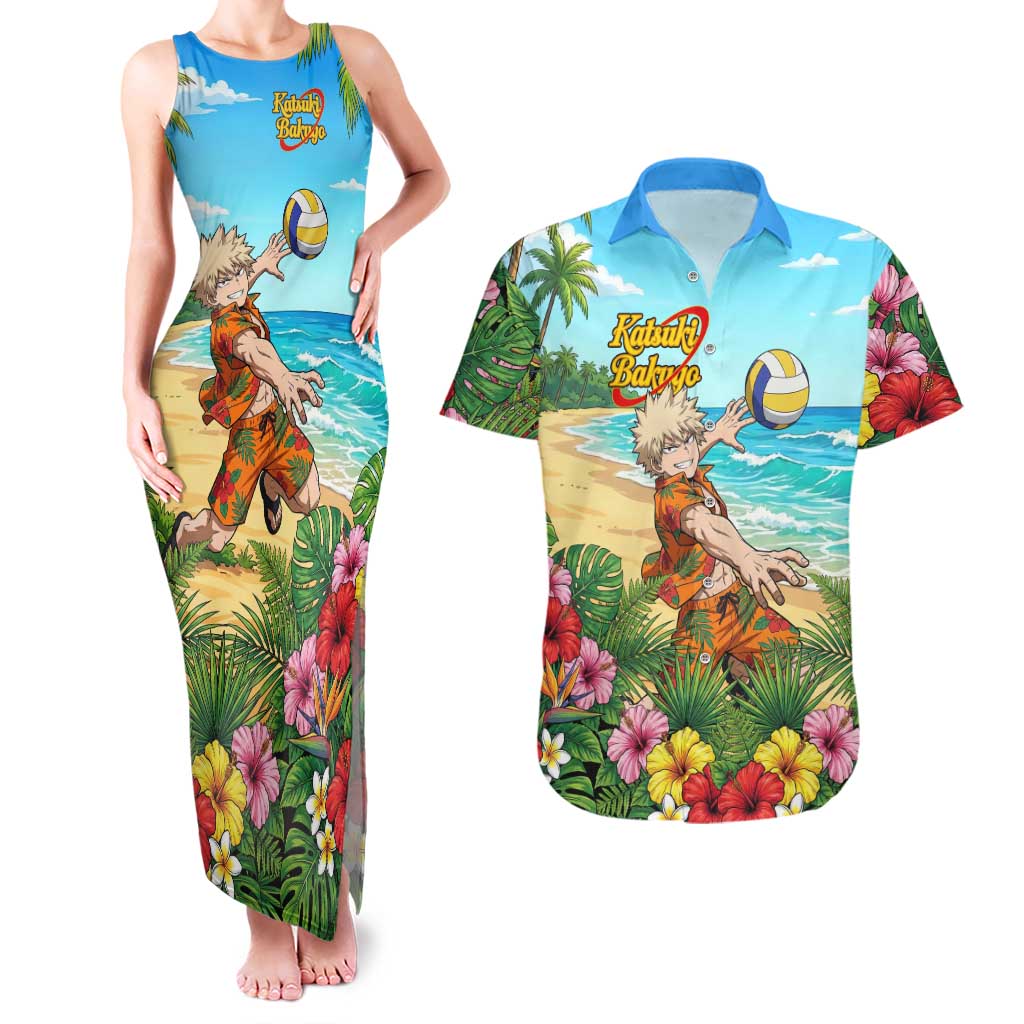 Katsuki Bakugo Summer Chill Couples Matching Tank Maxi Dress and Hawaiian Shirt Tropical Anime Action Scene
