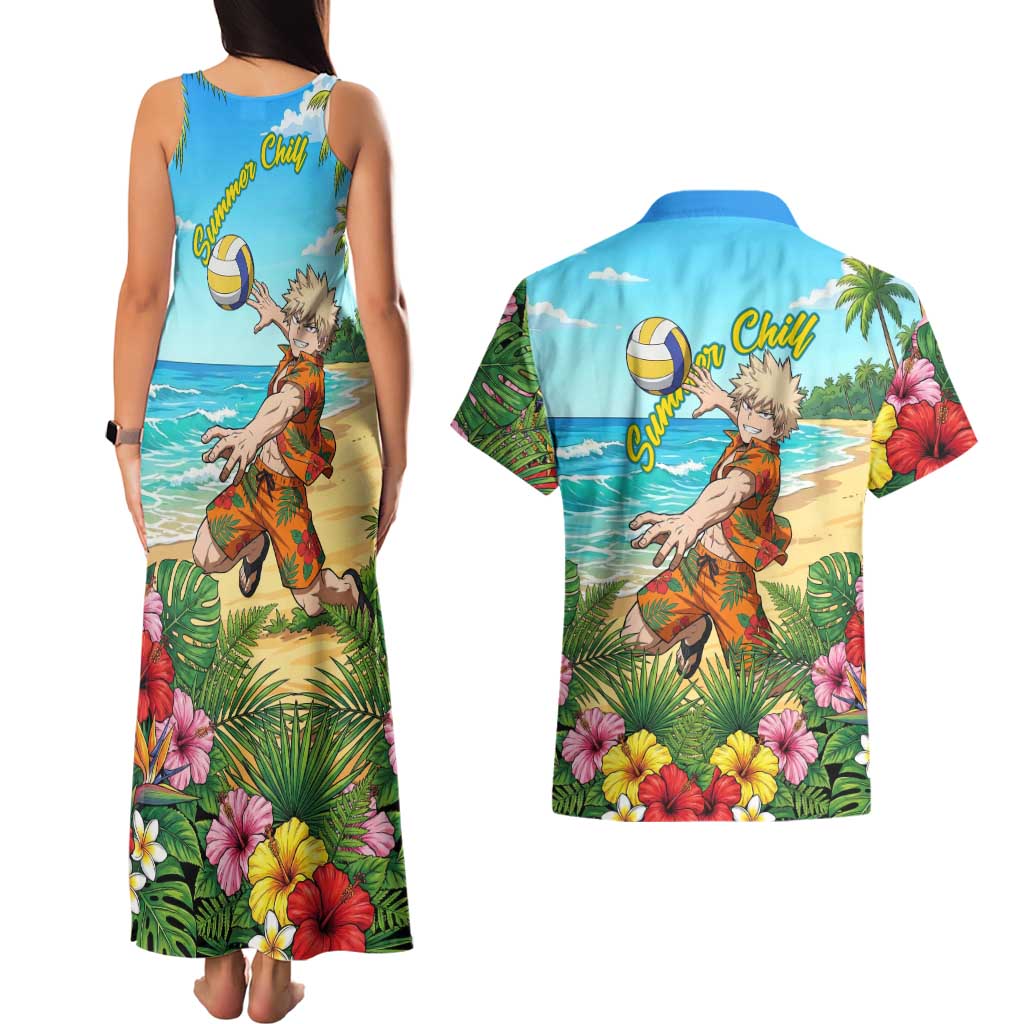 Katsuki Bakugo Summer Chill Couples Matching Tank Maxi Dress and Hawaiian Shirt Tropical Anime Action Scene