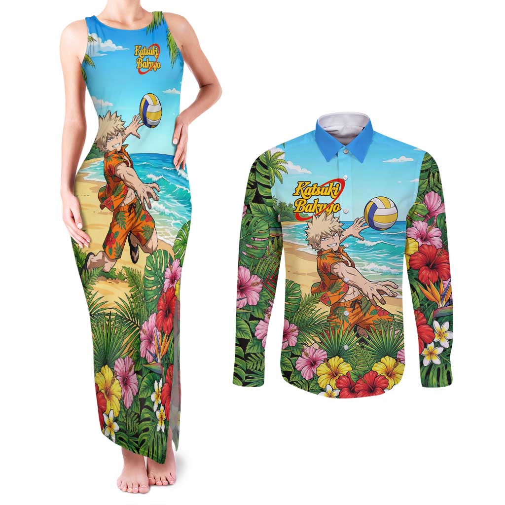 Katsuki Bakugo Summer Chill Couples Matching Tank Maxi Dress and Long Sleeve Button Shirt Tropical Anime Action Scene