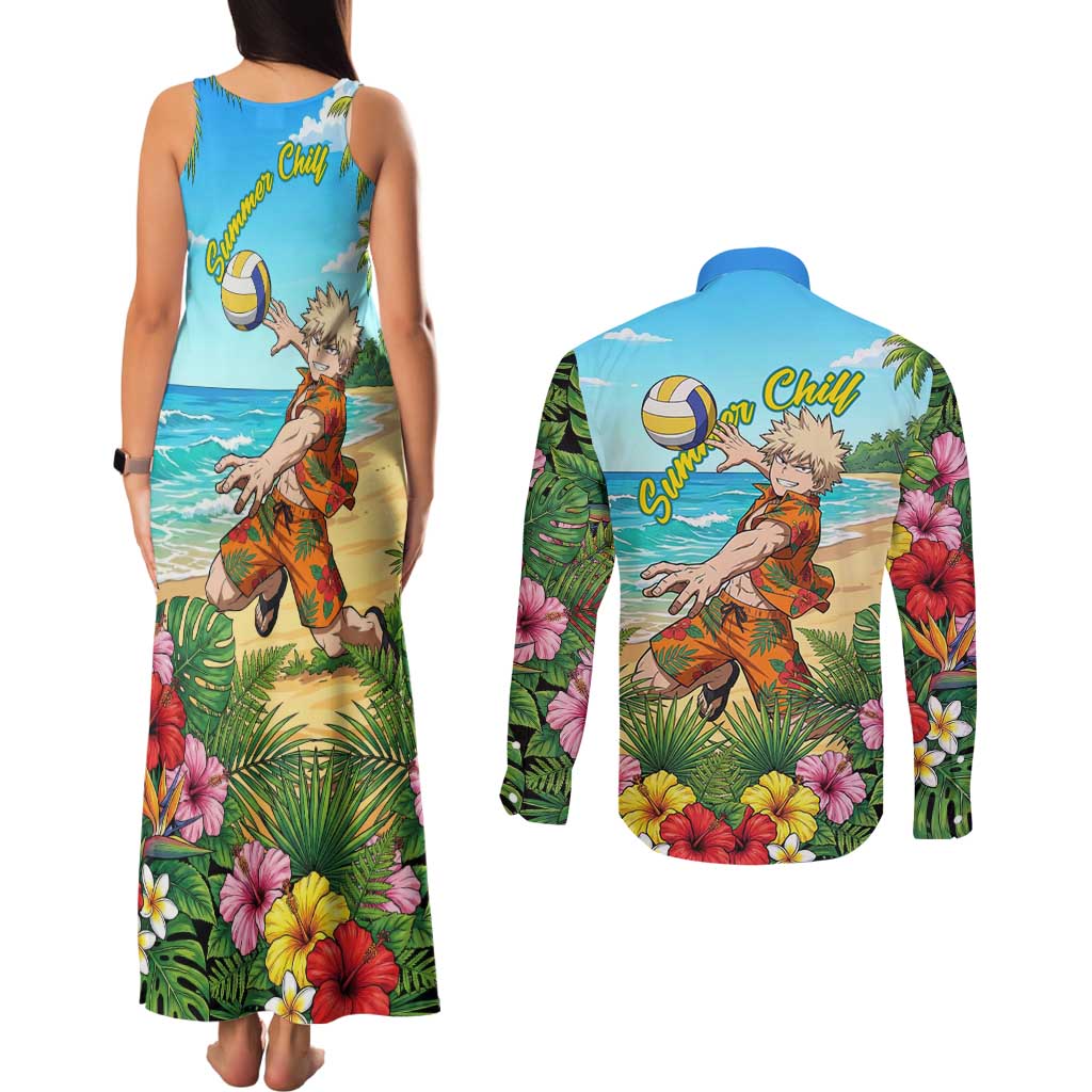 Katsuki Bakugo Summer Chill Couples Matching Tank Maxi Dress and Long Sleeve Button Shirt Tropical Anime Action Scene