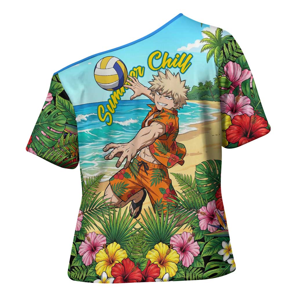 Katsuki Bakugo Summer Chill Cross Shoulder Shirt Tropical Anime Action Scene