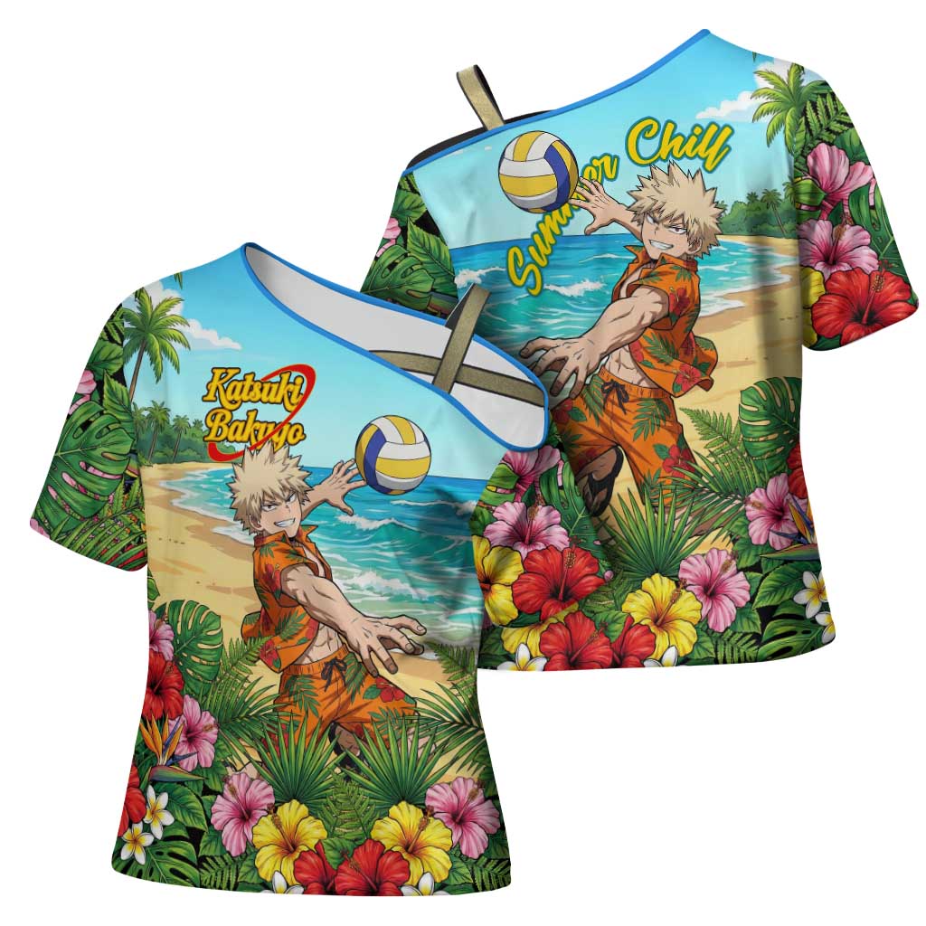 Katsuki Bakugo Summer Chill Cross Shoulder Shirt Tropical Anime Action Scene