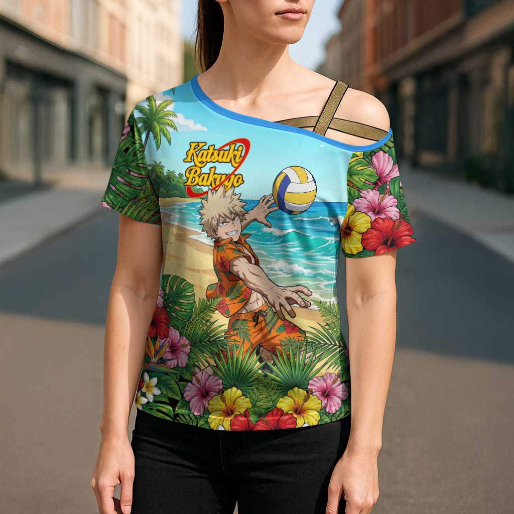 Katsuki Bakugo Summer Chill Cross Shoulder Shirt Tropical Anime Action Scene