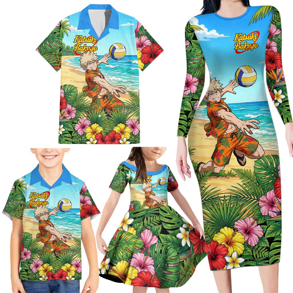 Katsuki Bakugo Summer Chill Family Matching Long Sleeve Bodycon Dress and Hawaiian Shirt Tropical Anime Action Scene