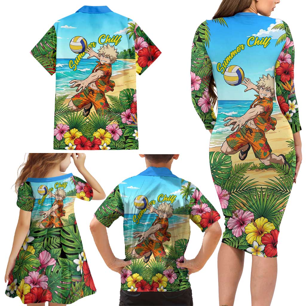Katsuki Bakugo Summer Chill Family Matching Long Sleeve Bodycon Dress and Hawaiian Shirt Tropical Anime Action Scene