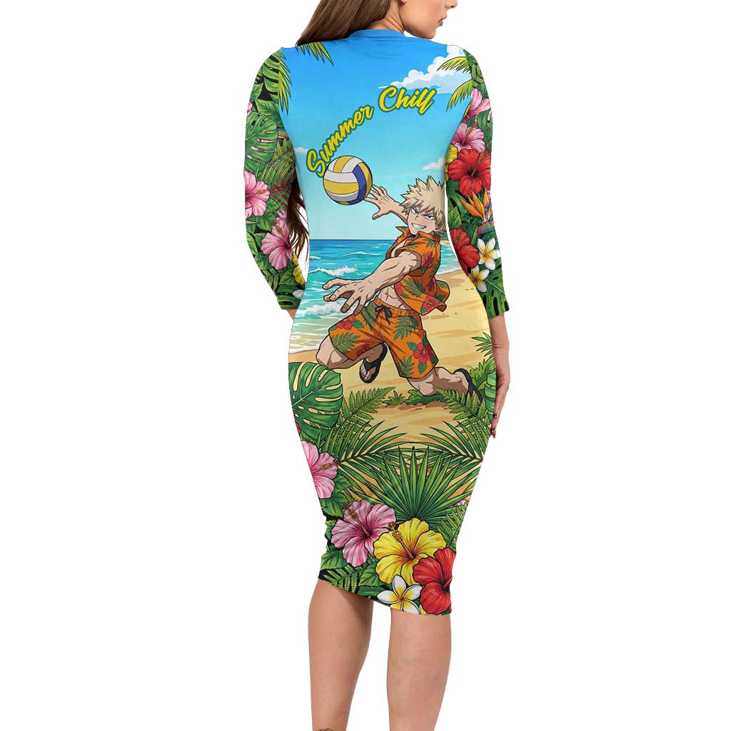 Katsuki Bakugo Summer Chill Family Matching Long Sleeve Bodycon Dress and Hawaiian Shirt Tropical Anime Action Scene