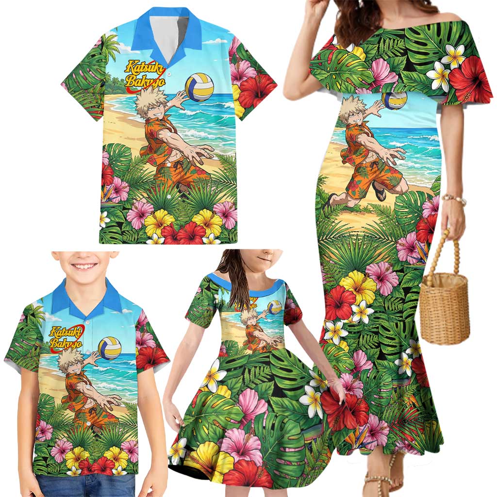 Katsuki Bakugo Summer Chill Family Matching Mermaid Dress and Hawaiian Shirt Tropical Anime Action Scene