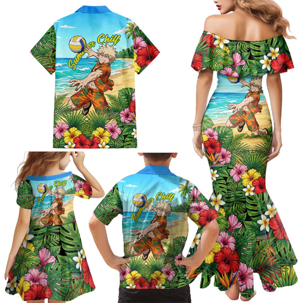 Katsuki Bakugo Summer Chill Family Matching Mermaid Dress and Hawaiian Shirt Tropical Anime Action Scene