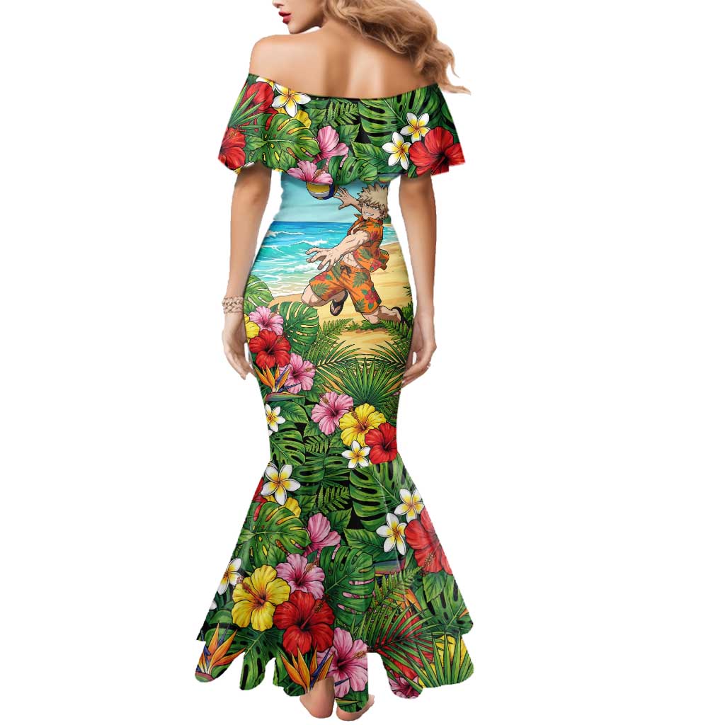 Katsuki Bakugo Summer Chill Family Matching Mermaid Dress and Hawaiian Shirt Tropical Anime Action Scene