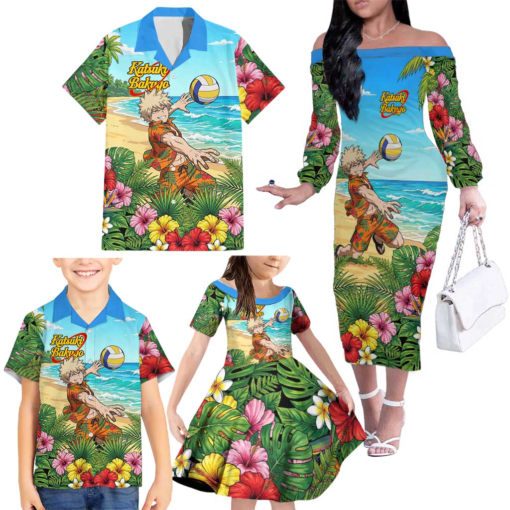 Katsuki Bakugo Summer Chill Family Matching Off The Shoulder Long Sleeve Dress and Hawaiian Shirt Tropical Anime Action Scene
