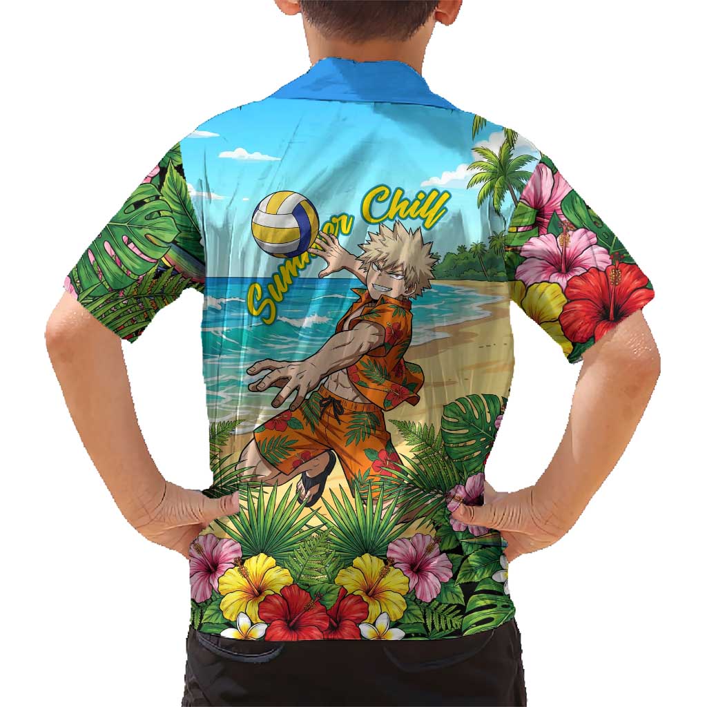 Katsuki Bakugo Summer Chill Family Matching Off The Shoulder Long Sleeve Dress and Hawaiian Shirt Tropical Anime Action Scene