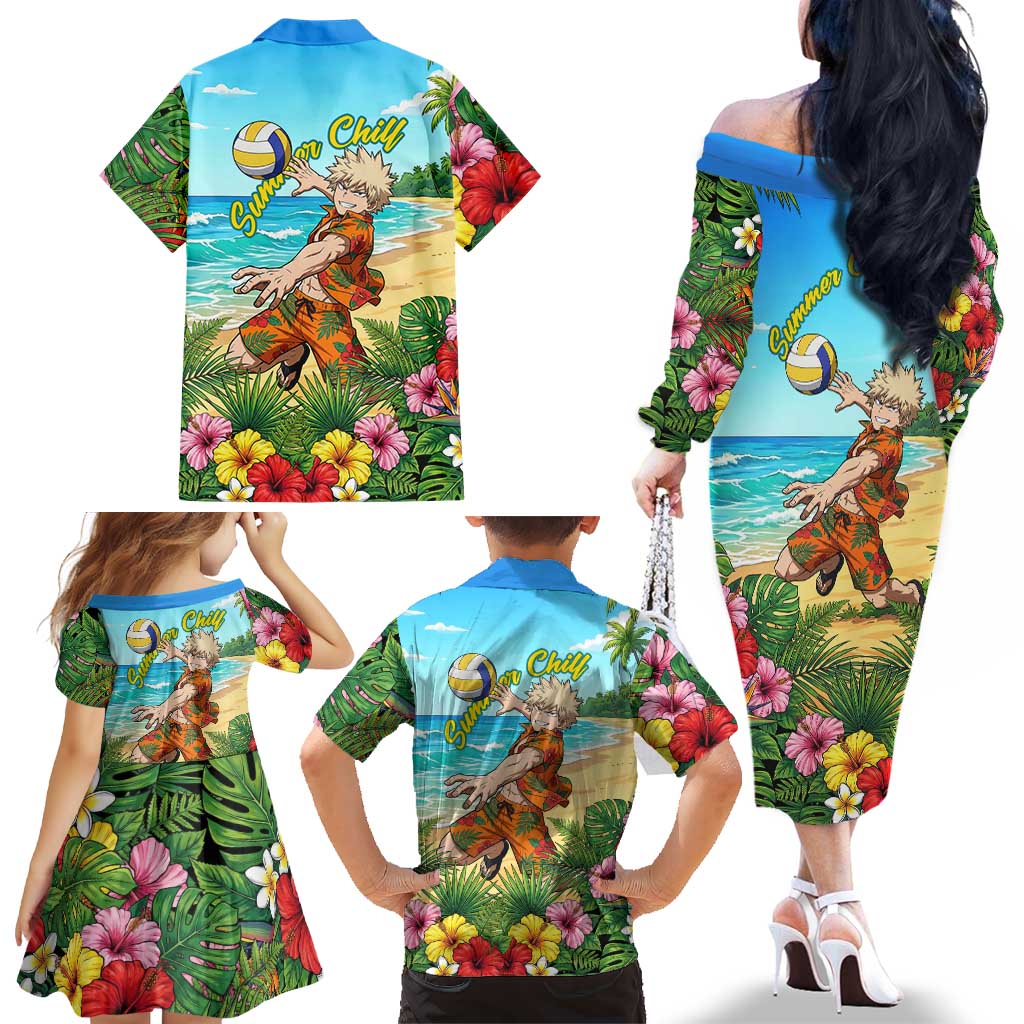 Katsuki Bakugo Summer Chill Family Matching Off The Shoulder Long Sleeve Dress and Hawaiian Shirt Tropical Anime Action Scene
