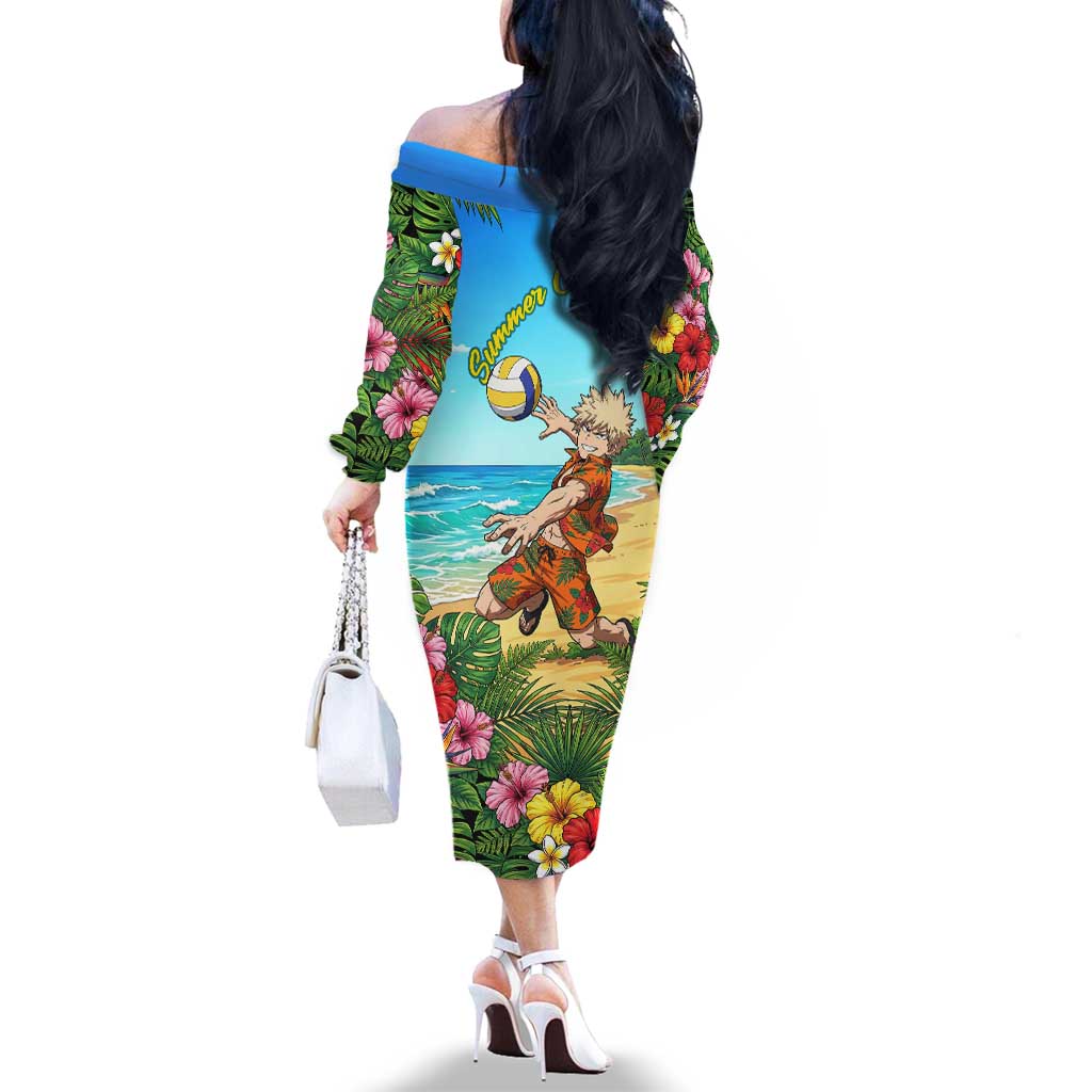 Katsuki Bakugo Summer Chill Family Matching Off The Shoulder Long Sleeve Dress and Hawaiian Shirt Tropical Anime Action Scene