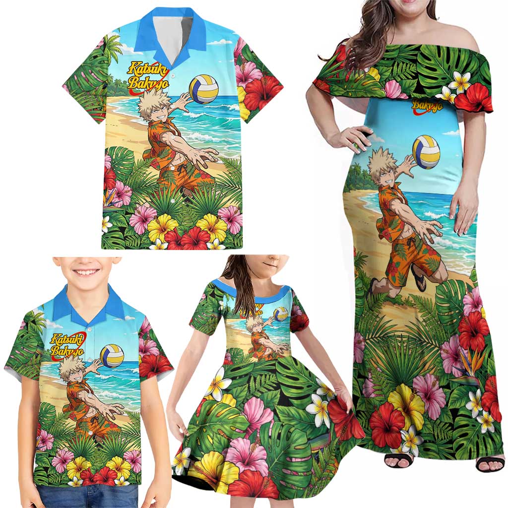Katsuki Bakugo Summer Chill Family Matching Off Shoulder Maxi Dress and Hawaiian Shirt Tropical Anime Action Scene