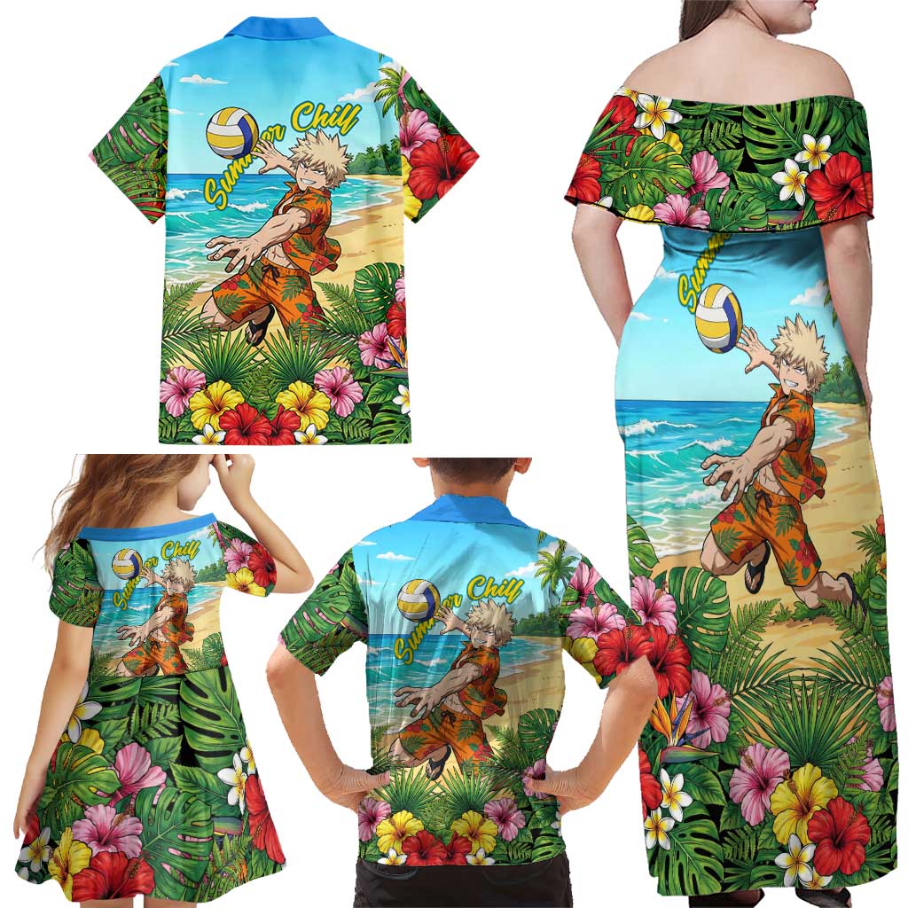 Katsuki Bakugo Summer Chill Family Matching Off Shoulder Maxi Dress and Hawaiian Shirt Tropical Anime Action Scene