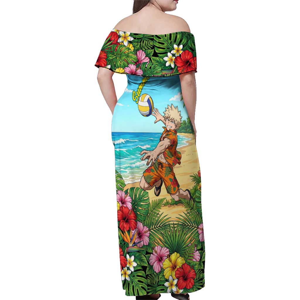 Katsuki Bakugo Summer Chill Family Matching Off Shoulder Maxi Dress and Hawaiian Shirt Tropical Anime Action Scene