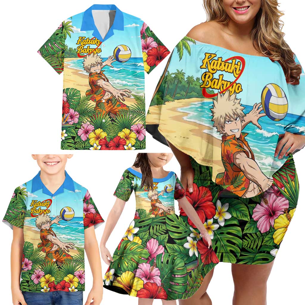 Katsuki Bakugo Summer Chill Family Matching Off Shoulder Short Dress and Hawaiian Shirt Tropical Anime Action Scene